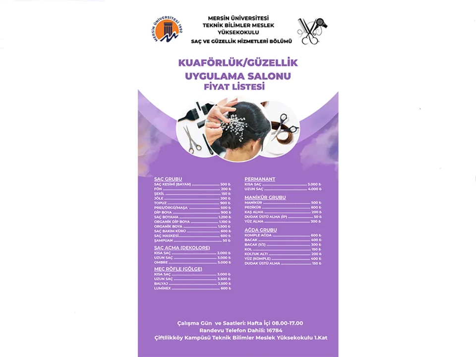 Kuaförlük&Güzellik Uygulama Salonu Fiyat Listesi