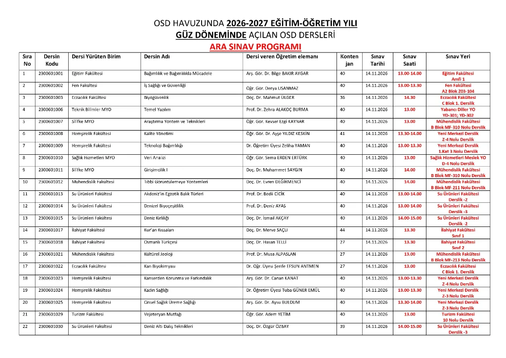 2026-2027 Güz Yarıyılı OSD ve MD-OSD Arasınav Tarihleri, 1/4