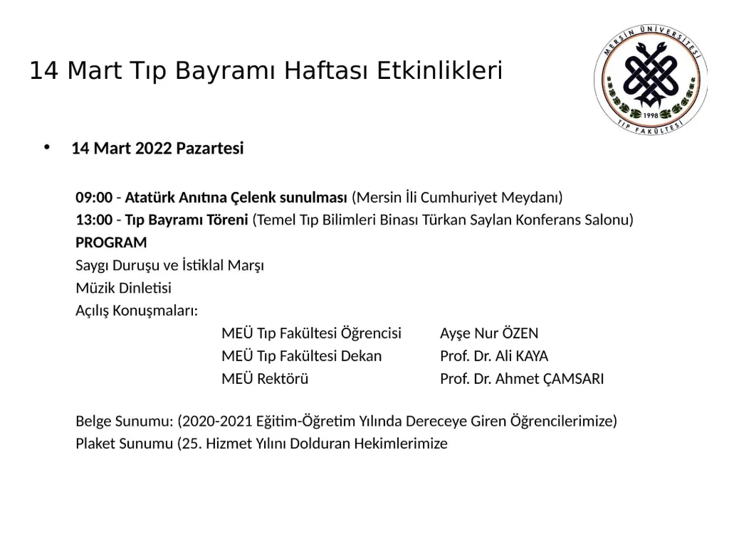 Slayt 26: 14 Mart Tıp Bayramı Haftası etkinlikleri