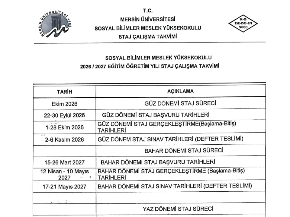 2026-2027 Staj Takvimi