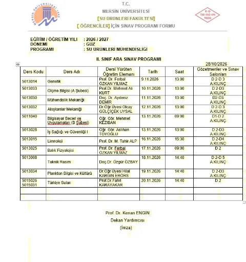 2026-2027  Güz Dönemi Ara Sınav Programı, 2/5