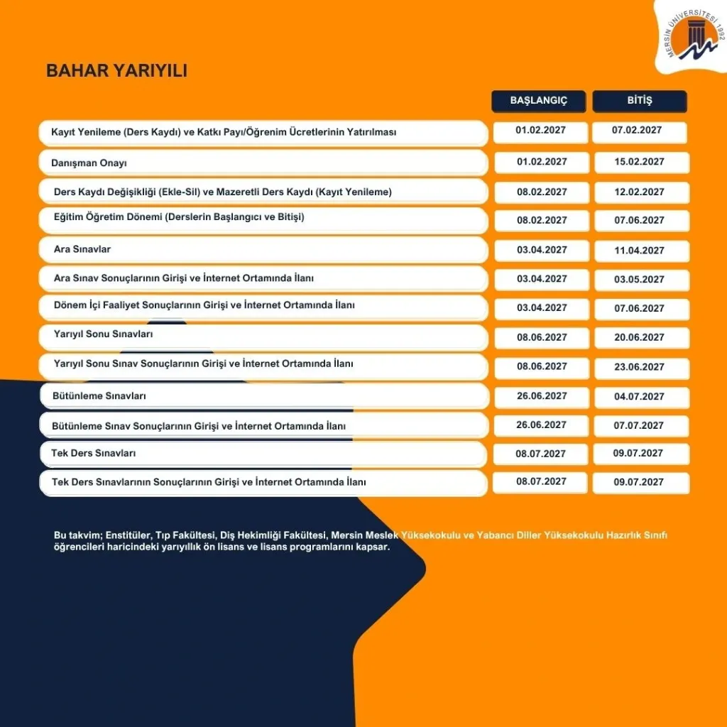 2026-2027 Bahar Yarıyılı Akademik Takvim