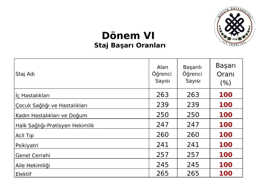 Slayt 19: Dönem VI staj başarı oranları