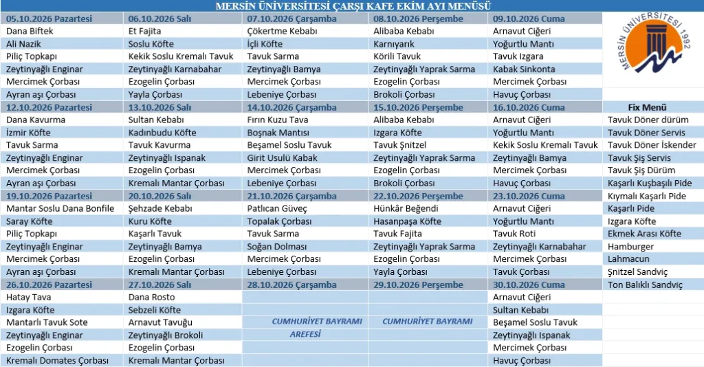 Çarşı Kafe 2026 Ekim Ayı Menüsü