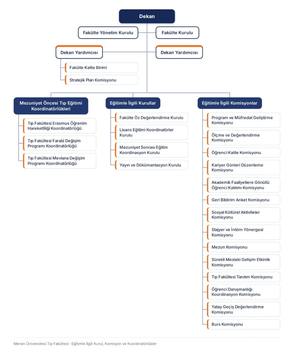 Chart of education-related boards, committees and coordination offices: Dean; Faculty Executive Board and Faculty Council; Faculty Quality Unit and Strategic Plan Committee under the vice deans; Erasmus, Farabi and Mevlana coordination offices; 4 boards and 14 committees.