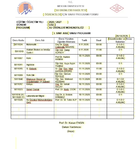 2026-2027  Güz Dönemi Ara Sınav Programı, 1/5