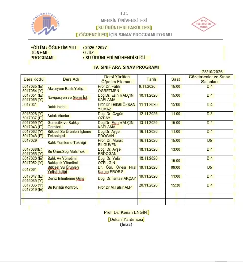 2026-2027  Güz Dönemi Ara Sınav Programı, 4/5